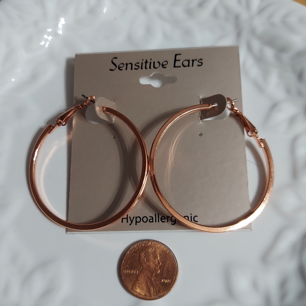 'Sensitive Ears' Polished Rose Gold Tone '1&3/4' Inch Bar Hoop Earrings